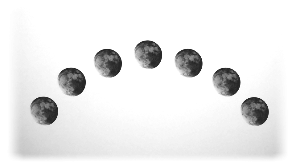 The Moon in seven positions along one arc across a black sky.