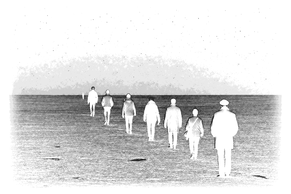Seven figures receding into a dark landscape, seen from behind.
