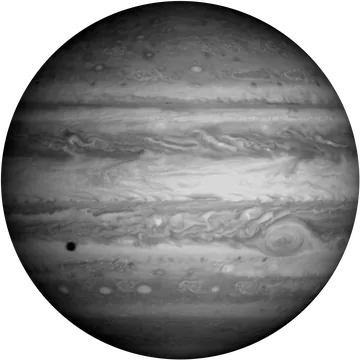 Jupiter, a globe mapped from Cassini frames, the shadow of its moon Europa on the clouds. NASA/JPL/University of Arizona.