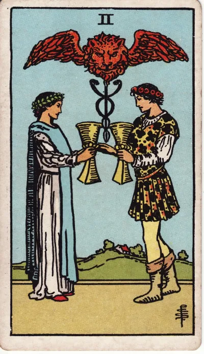 Two of Cups Tarot Card (Reversed) - Rider-Waite-Smith